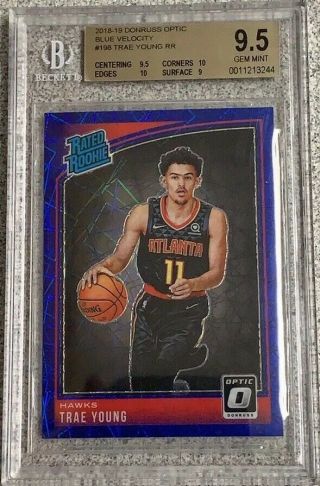 Trae Young 2018/19 Optic Rated Rookie Blue Velocity Prizm 9.  5 Gem