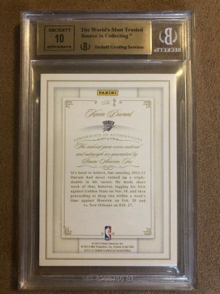 12 - 13 Flawless KEVIN DURANT - PATCH/AUTO - ’d 08/25 BGS 9.  5 GEM ‘10 AUTO’ 2