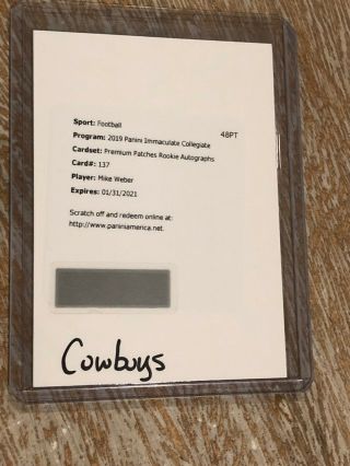 2019 Immaculate Collegiate Mike Weber Premium Patch Rookie Auto Dallas Cowboys