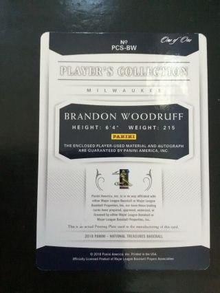 2018 National Treasures Brandon Woodruff RC AUTO 1/1 Printing Plate PATCH RELIC 3