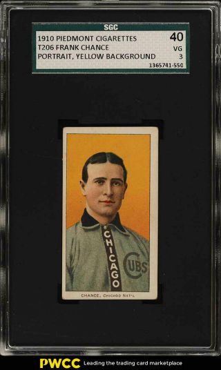 1909 - 11 T206 Frank Chance Yellow Portrait Sgc 3 Vg (pwcc)