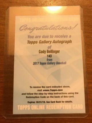 2017 Topps Gallery Cody Bellinger Auto Redemption Card Autograph Signed