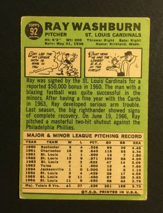 Ray Washburn Cardinals Signed 1967 Topps baseball Card 92 Auto Autograph 2 2