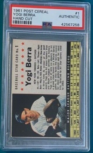 1961 Post Cereal Baseball 1 Yogi Berra Psa Authentic