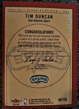 2003 - 04 Fleer Platinum TIM DUNCAN Game Worn Jersey Patch NAME PLATES SP /725 3