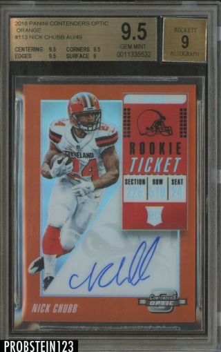 2018 Contenders Optic Rookie Ticket Orange Nick Chubb Browns Rc Auto /49 Bgs 9.  5