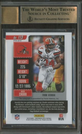 2018 Contenders Optic Rookie Ticket Orange Nick Chubb Browns RC AUTO /49 BGS 9.  5 2