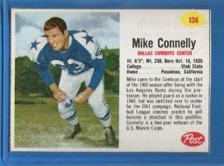 1962 Post Cereal Football Card 136 Mike Connelly (sp) - Dallas Cowboys