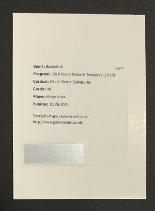 Kevin Knox 2018 - 19 National Treasures Clutch Factor Signatures Rookie Auto Rc