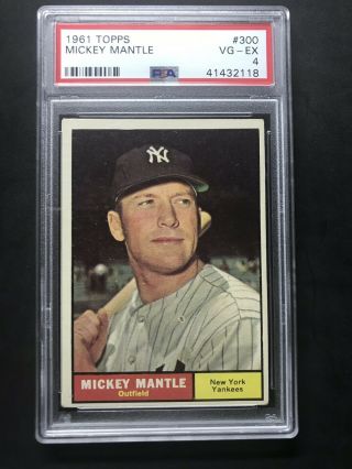 1961 Topps 300 Mickey Mantle Ny Yankees Hof - Psa 4 Vg - Ex