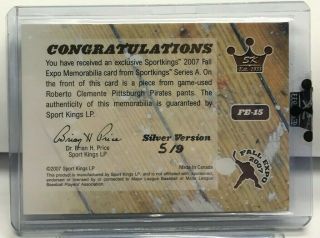 Roberto Clemente 2007 SportKings Series A Fall Expo GU Pants Patch d 5/9 PIRATES 2