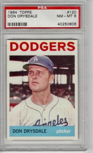 1964 Topps Don Drysdale 120 Psa 8 Los Angeles Dodgers High - End Card