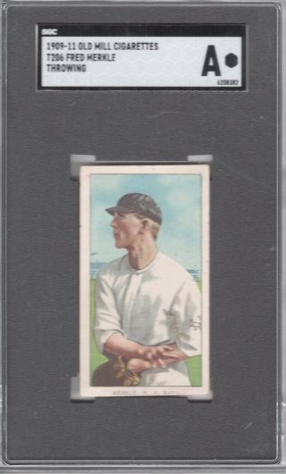 1909 - 11 T206 Fred Merkle (throwing) Of The York Giants Old Mill Back Sgc A