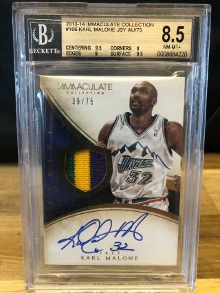 2013 - 14 Immaculate Karl Malone Beckett 8.  5 39/75 3 Color Patch On Card Auto