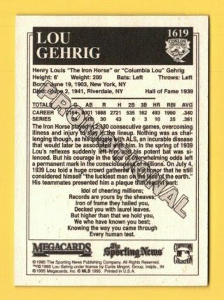 1995 Conlon Megacards Sporting News 1619 Lou Gehrig Promotional Promo Card 2