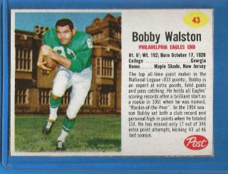 1962 Post Cereal Football Card 43 Bobby Walston (sp) - Philadelphia Eagles