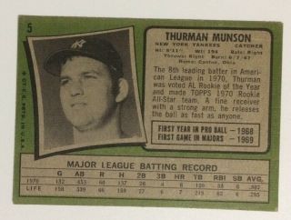 1971 Topps 5 Thurman Munson baseball card - NY Yankees - 2