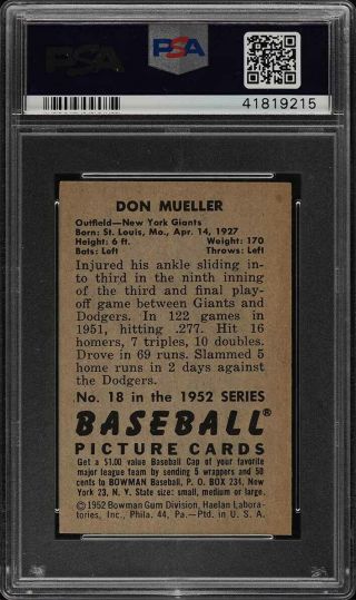 1952 Bowman SETBREAK Don Mueller 18 PSA 8 NM - MT (PWCC) 2