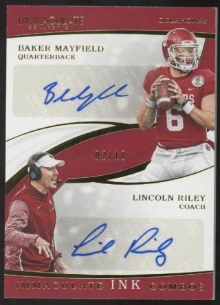 2019 Panini Immaculate Baker Mayfield Lincoln Riley Ou Dual Auto /10