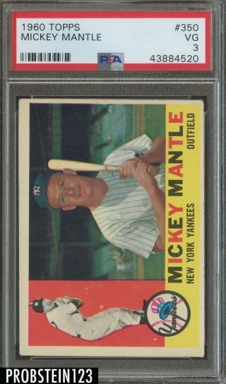 1960 Topps 350 Mickey Mantle York Yankees Hof Psa 3 Vg