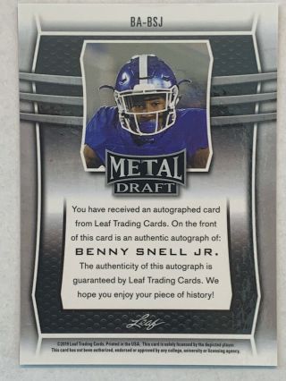 BENNY SNELL JR 2019 LEAF METAL DRAFT ON CARD AUTO AUTOGRAPH STEELERS 2