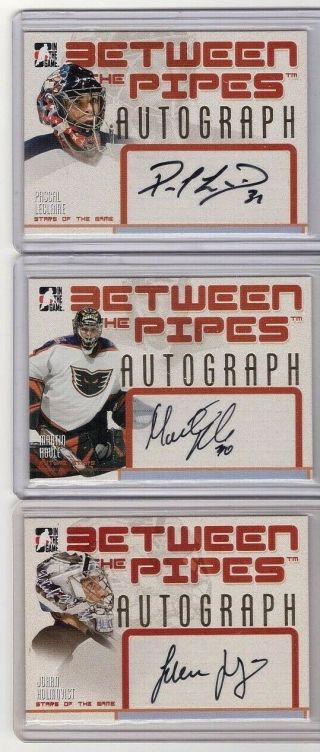 3x 2006 - 07 Itg Between The Pipes Certified Autograph Leclaire Holmqvist Houle