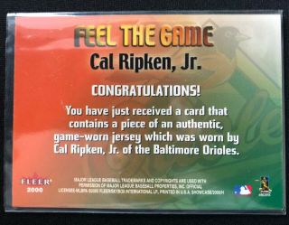 2000 Fleer Showcase Feel The Game Cal Ripken Jr Game Worn Jersey 2