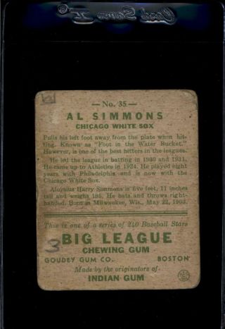 1933 GOUDEY 35 AL SIMMONS RC POOR WHITE SOX 2