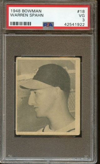 1948 Bowman Baseball Card 18 Warren Spahn Rookie Boston Braves Psa 3 Vg