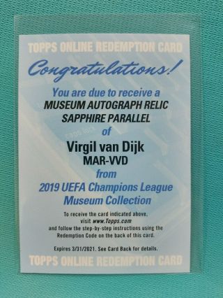 2018 - 19 Topps Museum Virgil Van Dijk Ed/75 Auto Sapphire Jersey Relic Uefa B3