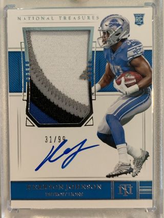 2018 National Treasures Kerryon Johnson Rc Rookie Patch Auto Rpa 31/99 4 Color