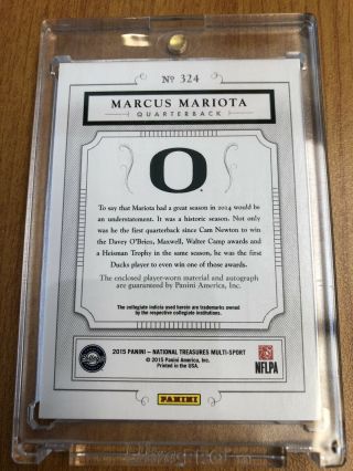 2015 National Treasures MARCUS MARIOTA RC Auto Colossal Jersey Patch 24/99 DUCKS 2