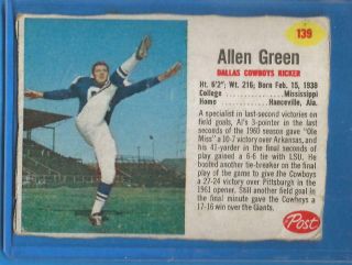 1962 Post Cereal Football Card 139 Allen Green (sp) - Dallas Cowboys
