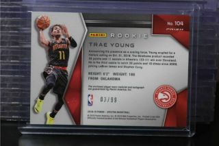 2018 - 19 Spectra Trae Young Neon Blue Rookie Patch Auto Autograph RC 03/99 KLU 2