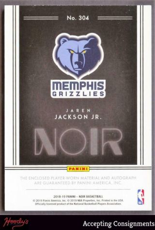 2018 - 19 Noir Jaren Jackson Jr.  Autograph AUTO 2 - Color PATCH Rookie RC 47/99 2