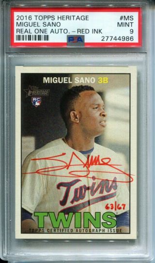 Miguel Sano 2016 Topps Heritage Real One Auto Autograph Red Ink /67 Rookie Psa 9