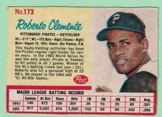 1962 Post Cereal 173 Roberto Clemente Pittsburgh Pirates Baseball Card