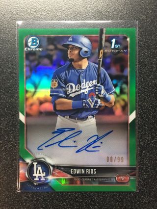 Edwin Rios 2018 Bowman Chrome Green Refractor Auto Autograph /99 Dodgers Rc Sp