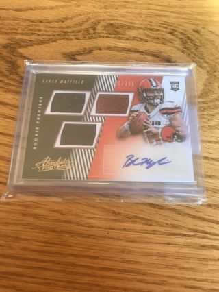 2018 Absolute Baker Mayfield Browns ROOKIE RC Triple Jersey AUTO ' D /399 Browns 2