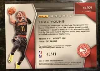2018 - 19 Panini Spectra TRAE YOUNG 3 COLOR RPA ON CARD AUTO NEON GREEN /49 2