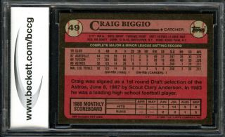 CRAIG BIGGIO HOF 1989 TOPPS 49 BECKETT GRADED BCCG - 9 NR/MT,  HOT ROOKIE RC CARD 2