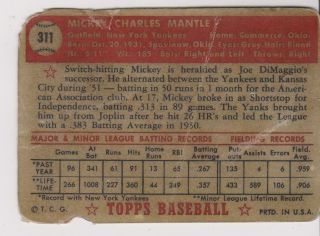 1952 Topps 311 Mickey Mantle rookie card,  York Yankees HOF 2