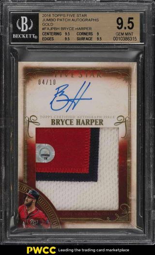 2016 Topps Five Star Jumbo Gold Bryce Harper Auto Patch /10 Bgs 9.  5 Gem (pwcc)
