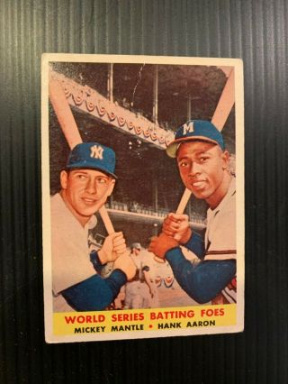 1958 Topps 418 World Series Batting Foes Mickey Mantle Aaron Baseball Card Vg