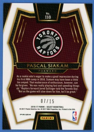 Pascal Siakam 2016 - 17 Select Pink Prizm /15 RC Rookie Panini NBA CHAMPION 2