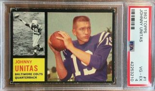 1962 Topps Football Card 1 Johnny Unitas Baltimore Colts Psa 4 Vg/ex