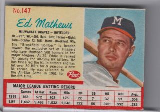 1962 Post Cereal 147 Ed Mathews Milwaukee Braves Hof 7127b