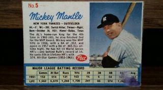 1962 Post Cereal Baseball Card - Mickey Mantle 5 5a - Hand Cut - Ink On Front