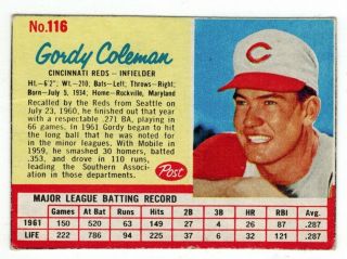 1962 Post Cereal 116 Gordy Coleman Cincinnati Reds Hand Cut Baseball Card