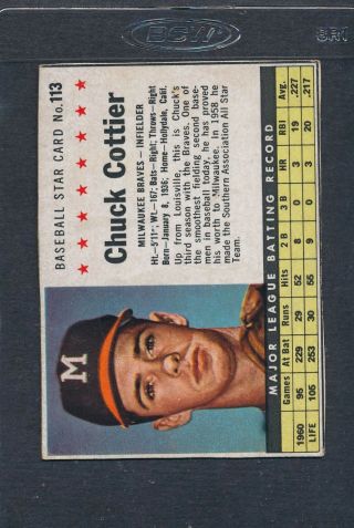 1961 Post Cereal 113 Chuck Cottier Braves Ex/mt (writing) 624